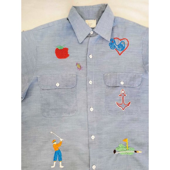 Vintage JC Penny Big Mac Mens Chambray Custom Hand Embroidered Golf Shirt - Picture 7 of 9